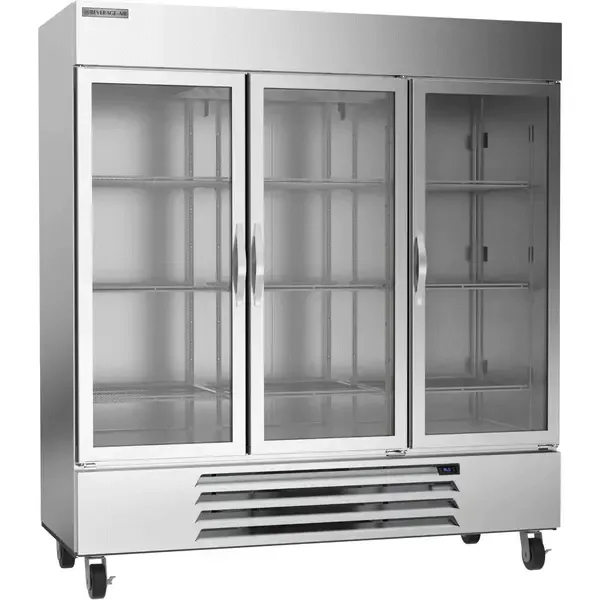 Beverage Air HBR72HC-1-G, 75-Inch 72 cu. ft. Bottom Mounted 3 Section Glass Door Reach-In Refrigerator