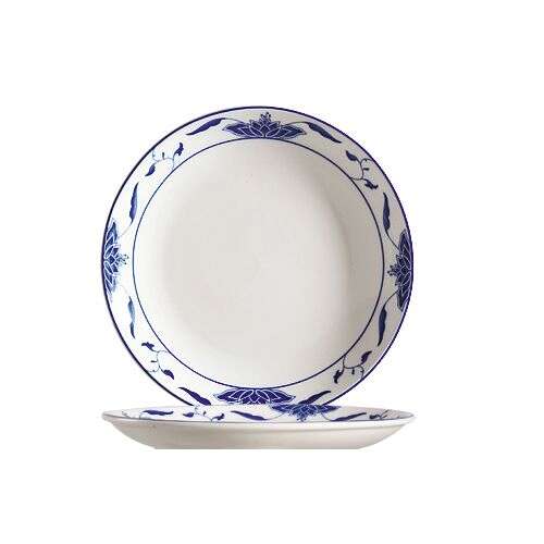 C.A.C. 103-21C, 12-Inch Dia Bone White Porcelain Round Blue Lotus Plate, DZ