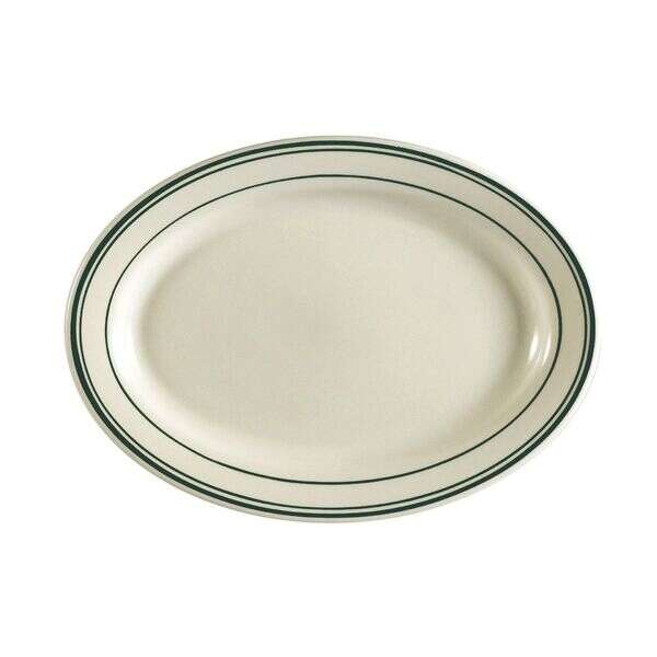 C.A.C. GS-41, 13.5-Inch Stoneware Greenbrier Oval Platter with Green Band, DZ