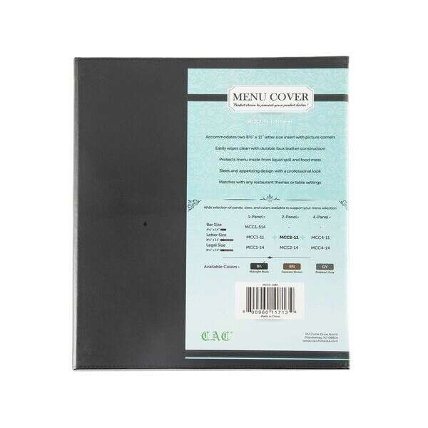 C.A.C. MCC2-11BK, 8.5x11-inch 2-Panel Faux Leather Black Menu Cover