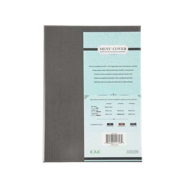 C.A.C. MCC2-14GY, 8.5x14-inch 2-Panel Faux Leather Gray Menu Cover