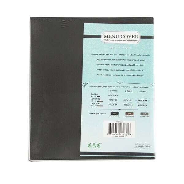 C.A.C. MCC4-11BK, 8.5x11-inch 4-Panel Faux Leather Black Menu Cover