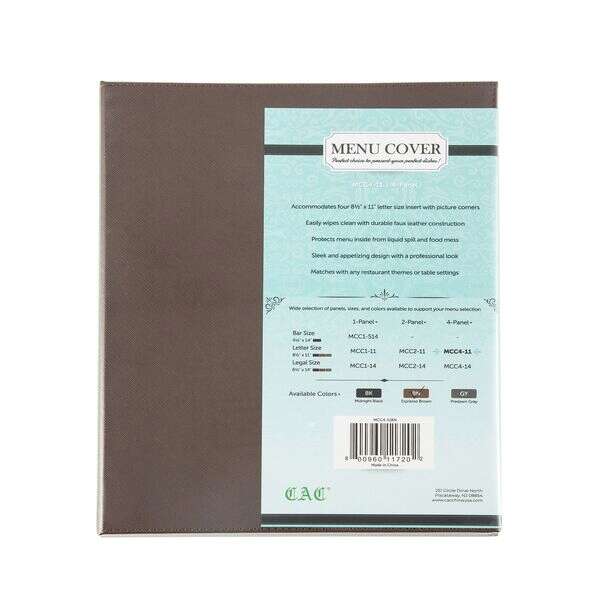 C.A.C. MCC4-11BN, 8.5x11-inch 4-Panel Faux Leather Brown Menu Cover