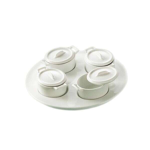 C.A.C. PT-B4, 8.25-Inch Porcelain 4 Oval 2 Oz Jars with Lids On Round Trays, 6-Set/CS