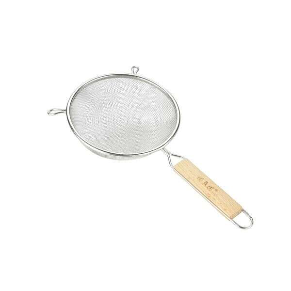C.A.C. SSTR-08D, 8-inch Stainless Steel Double Mesh Strainer with Wood Handle