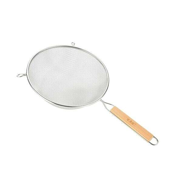 C.A.C. SSTR-11D, 11-inch Stainless Steel Double Mesh Strainer with Wood Handle