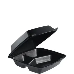 Dart 85HTB3R 8x8x3-Inch Performer Black 3-Compartment Foam Container With A Removable Hinged Lid, 200/CS
