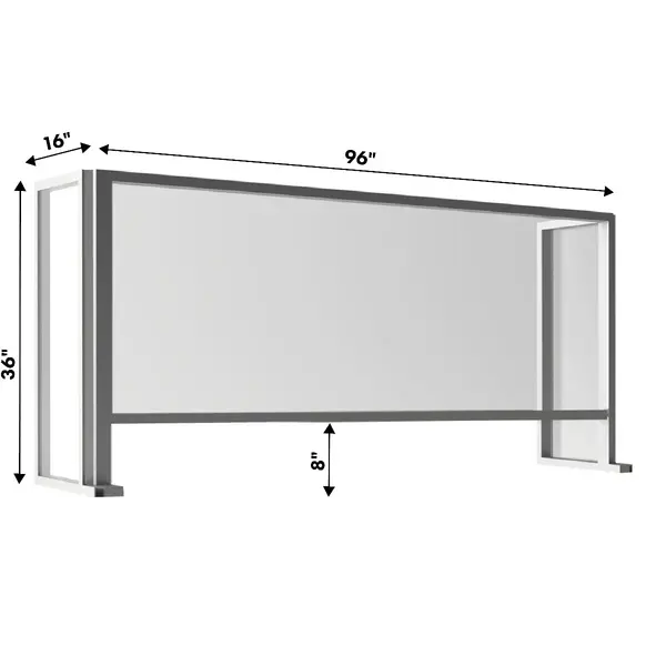 Default 96x16x36, 8" Opening Free Standing Plexiglass and Aluminum Cashier Protection Guard, Clear Anodized
