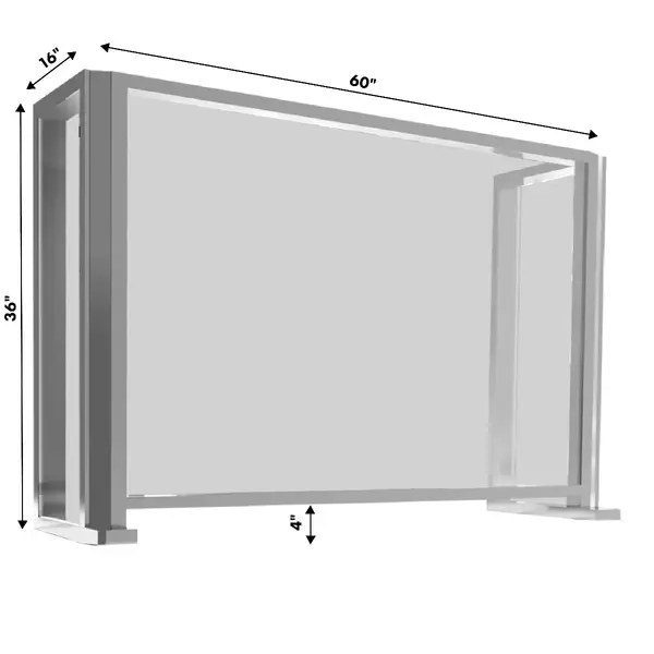 60x16x36, 4" Opening Free Standing Plexiglass and Aluminum Cashier Protection Guard with 4-inch Opening, Clear Anodized