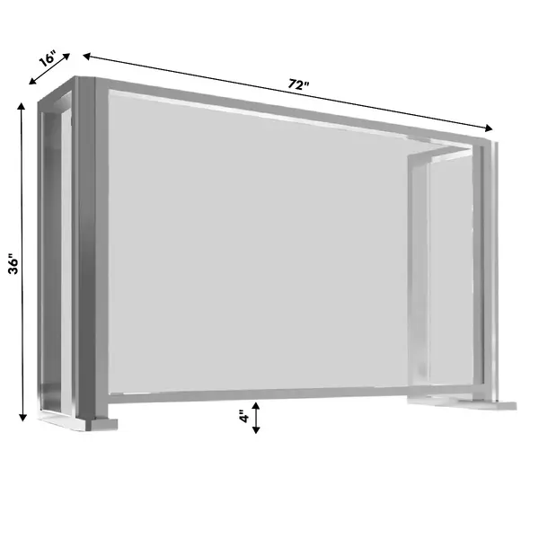 72x16x36, 4" Opening Free Standing Plexiglass and Aluminum Cashier Protection Guard, Clear Anodized