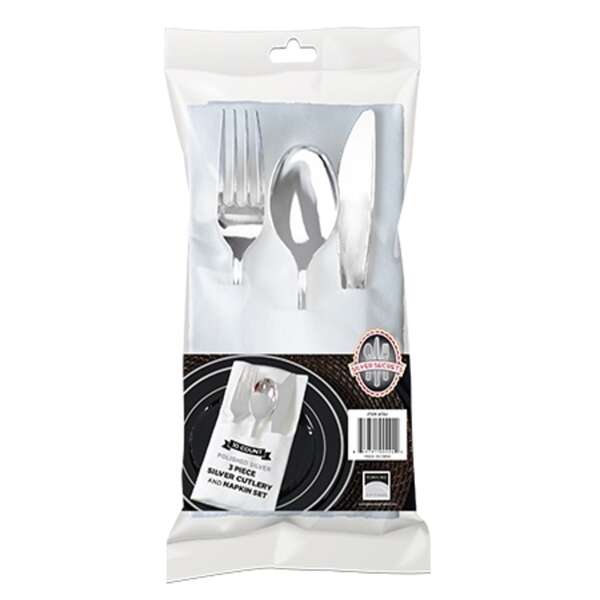 Fineline Settings 734, 3-Piece Silver Secrets Pocket Napkin Set (Fork, Spoon, Knife), 100/CS