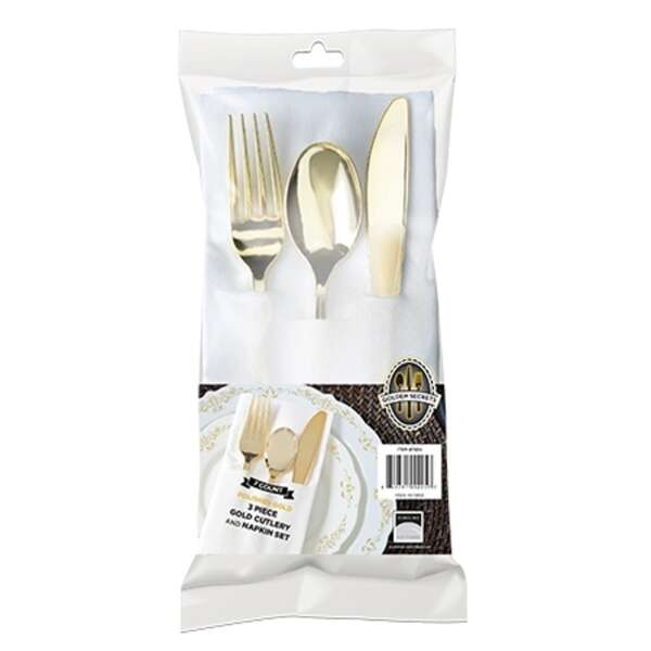 Fineline Settings 7634, 6-inch Golden Secrets Napkin, Fork, Spoon & Knife Cutlery Set, 70/CS