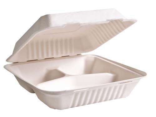 Green Wave International Green Wave PF-EV-B083, 8x8x3-Inch Evolution Bio Bagasse 3-Compartment Container with a Hinged Lid, 300/CS