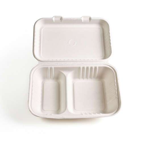 Green Wave TW-BOO-005 9x6x3-Inch Evolution White Bio Bagasse 2-Compartment Container with a Hinged Lid, 300/CS