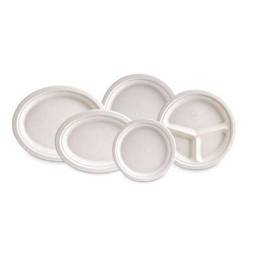 Green Wave International Green Wave TW-POO-005 10" Evolution White Bio Bagasse 3-Compartment Round Plate, 500/CS