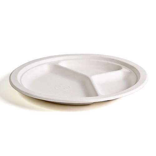 Green Wave TW-POO-011 9" Evolution White Bio Bagasse 3-Compartment Round Plate, 500/CS