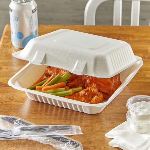 Hefty 00D72001ECO1, 9x9x3-Inch ECOSAVE PFAS-Free 1-Compartment Bagasse Fiber Hinged Container, 50/PK