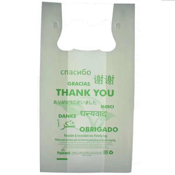 - Packwell 1/6TYML 1/6 2.25mil Multi Language Thank You Print Reusable Plastic Shopping Bag, 200/CS