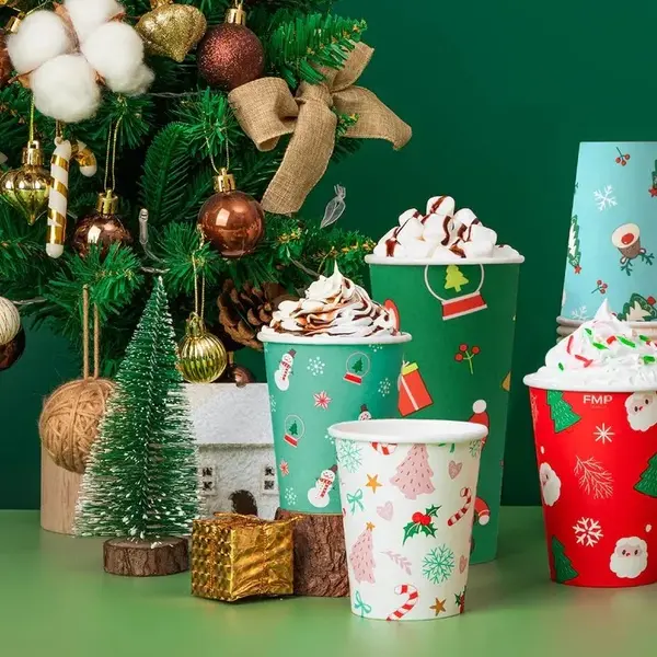 378H, 8 Oz 80 mm Christmas Print Hot Paper Cup, 1000/CS