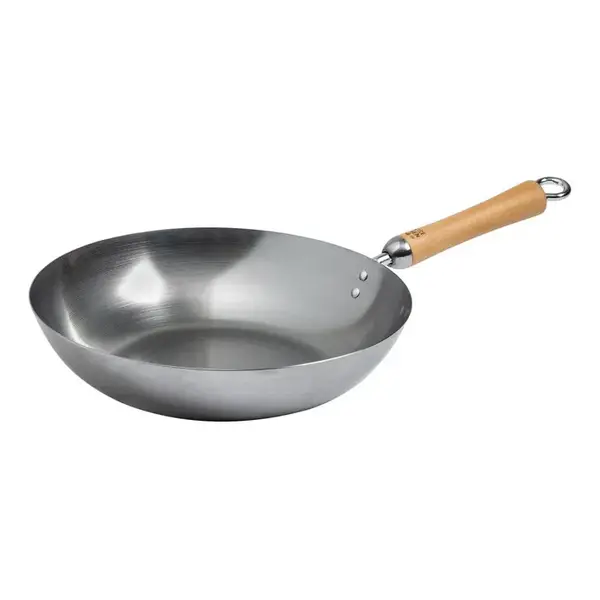 - J21-9979, 12-Inch Joyce Chen Uncoated Carbon Steel Stir Fry Pan with Birch Handle