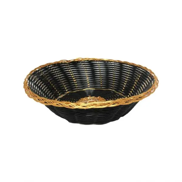 - PLBB825G, 8-Inch Round Break-Resistant Woven Plastic Basket, Black with Gold Trim, Stackable