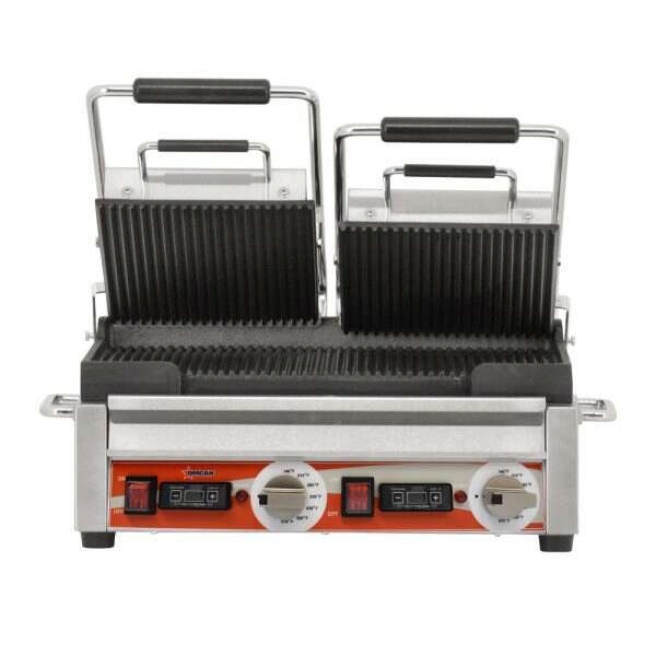 Omcan PG-CN-0711-RT, 10x18-inch Electric Double Panini Grill with Ribbed Grill Surface and Timer