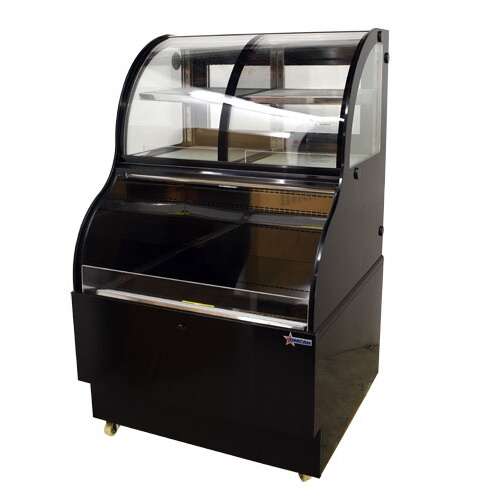Omcan RS-CN-0348, 36-inch Stainless Steel Curved Glass Dual Service Refrigerated Display Case, 12.5 Cu.Ft