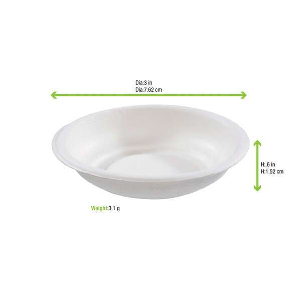 PacknWood 210APU75, 3x6-Inch Round White Sugarcane Plate, 3000/CS