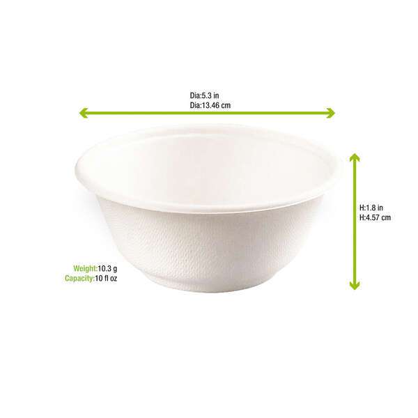 PacknWood 210APUB13, 12 Oz 5.3-Inch Dia White Sugarcane Bowl, 500/CS