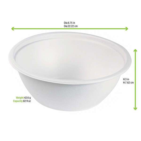PacknWood 210APUB2400, 80 Oz 8.75-Inch Dia White Sugarcane Salad Bowl, 100/CS