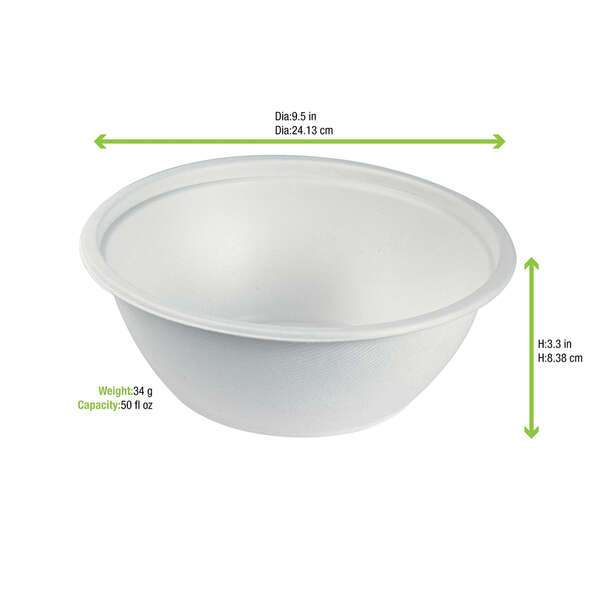 PacknWood 210APUB50, 50 Oz 9.5-Inch Dia White Sugarcane Salad Bowl, 250/CS