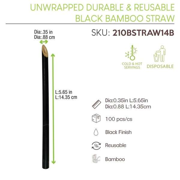 PacknWood 210ВЅTRAW14B, 5.65x0.35-Inch Unwrapped Reusable Black Cocktail Bamboo Straw, 100/CS