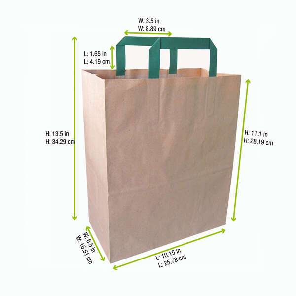 PacknWood 210CAB2518BR, 10.15x6.5x11.1-Inch Kraft Paper Bag with Green Handles, 250/CS