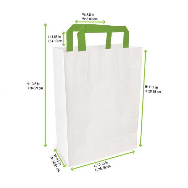 PacknWood 210CAB2518W, 10.15x6.5x11.1-Inch White Paper Bag with Green Handles, 250/CS