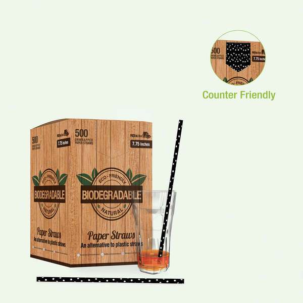 PacknWood 210CHP19DBLK, 7.75x0.23-Inch Durable Black & White Paper Straws - Unwrapped, 3000/CS