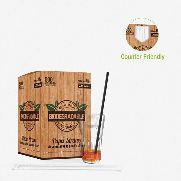 PacknWood 210CHP19FBLKW, 7.75x0.23-Inch Solid Black Paper Straws - Wrapped, 3000/CS