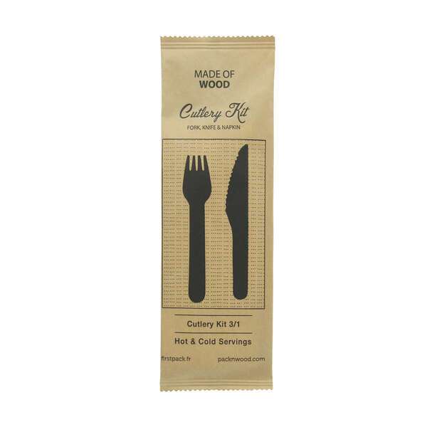 PacknWood 210COUVB33K, 6-inch Wooden Cutlery Kit (Knife, Fork, Napkin), 250/CS
