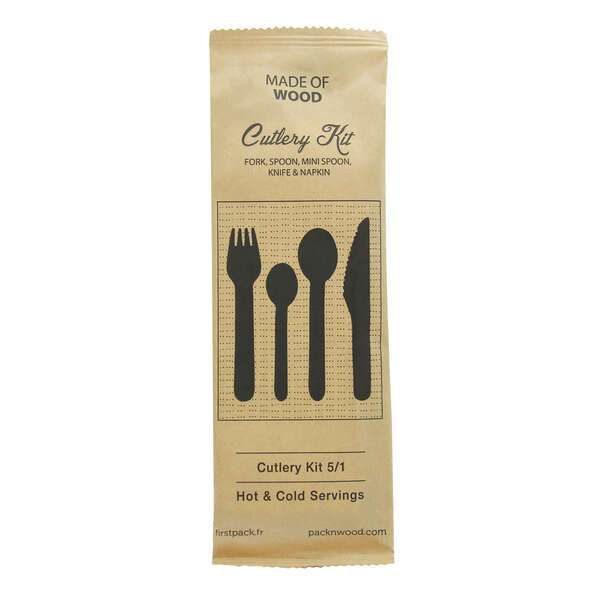 PacknWood 210COUVB5K, 6-inch Wooden Cutlery Kit (Knife, Fork, Spoon, Mini Spoon, Napkin), 250/CS
