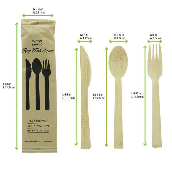 PacknWood 210CVBJNK3K, "Anji" Wrapped Bamboo Cutlery Kit 3/1 (Knife, Fork, Spoon), 100/CS