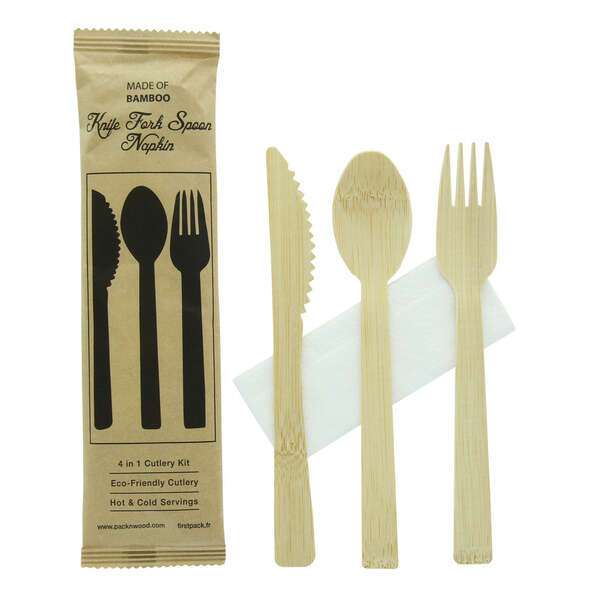 PacknWood 210CVBJNK4K, "Anji" Wrapped Bamboo Cutlery Kit 4/1 (Knife, Fork, Spoon, Napkin), 100/CS