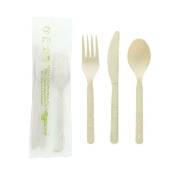 PacknWood 210CVPLK316BB, Bamboo Fiber 3/1 Cutlery Kit with Kraft Bag (Knife, Fork, Spoon, Napkin), 500/CS