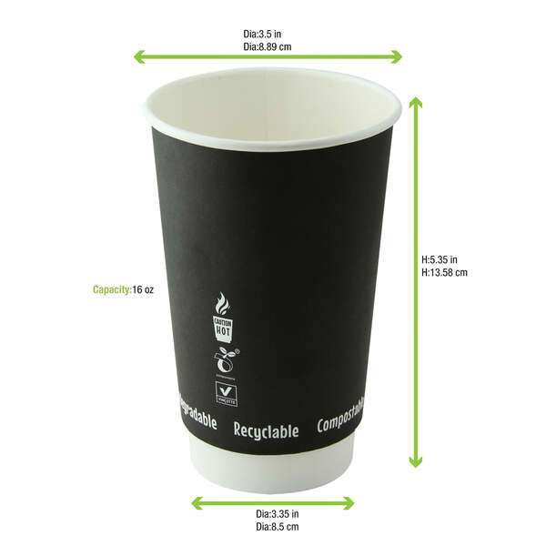 PacknWood 210GCDW16N, 16 Oz Double Wall Black Compostable Paper Cup, 500/CS