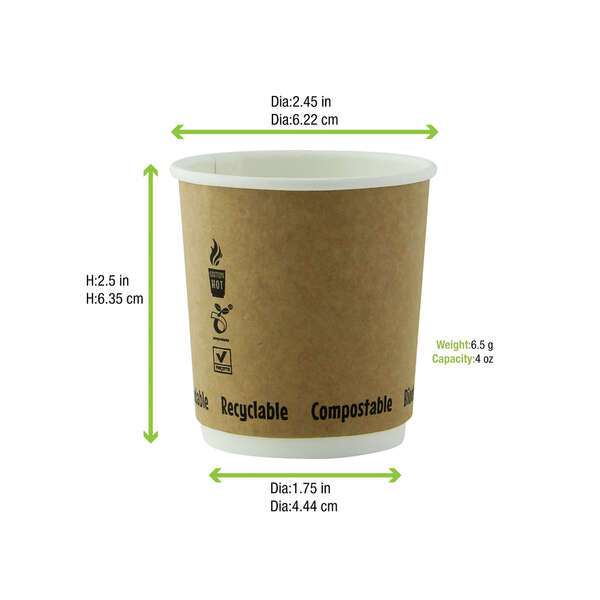 PacknWood 210GCDW4K, 4 Oz Double Wall Kraft Compostable Paper Cup, 1000/CS