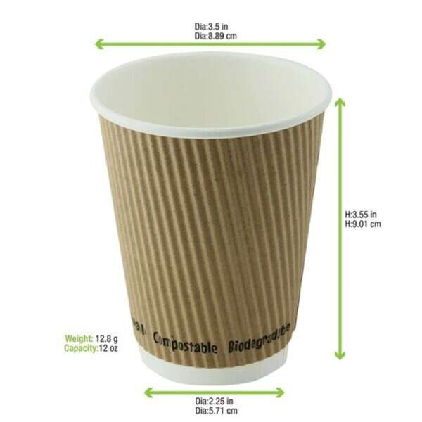 PacknWood 210GCRPLA12K, 12 Oz Compostable Rippled Kraft Cup, 500/CS