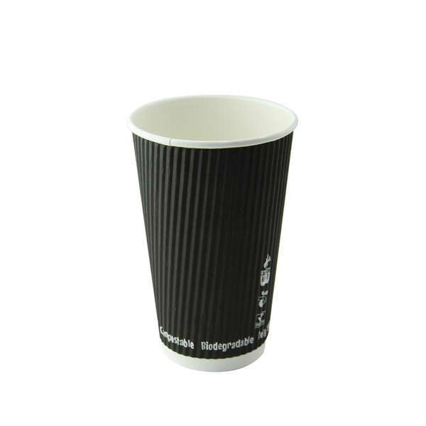 PacknWood 210GCRPLA16N, 16 Oz Compostable Rippled Black Cup, 500/CS