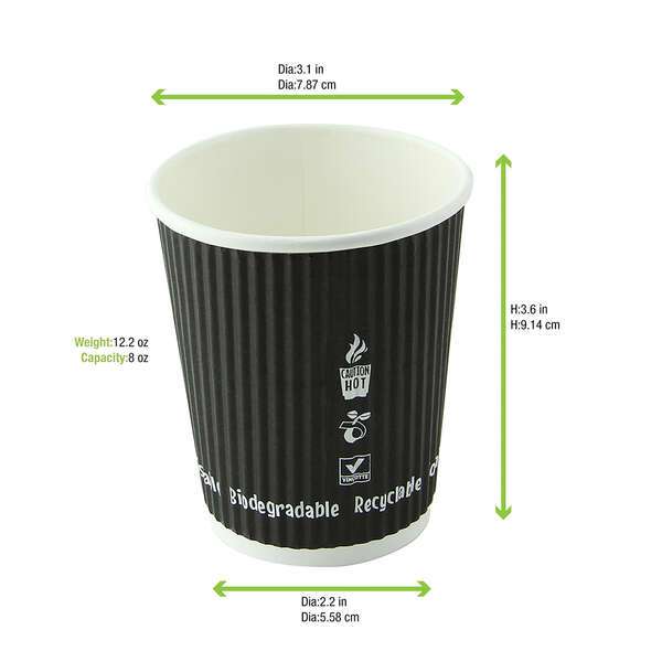 PacknWood 210GCRPLA8N, 8 Oz Compostable Rippled Black Cup, 1000/CS