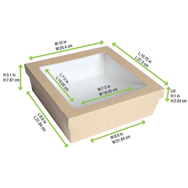 PacknWood 210KRAYB228, 132 Oz Kraft Kray Boxes with PET Window Lid, 100/PK