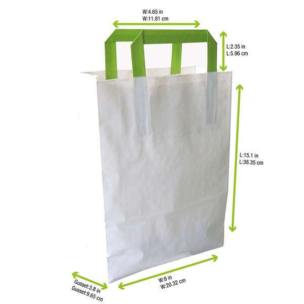 PacknWood 210MCABB20, 8-inch White Recycled Paper Carrier Bag with Green Handles, 250/CS
