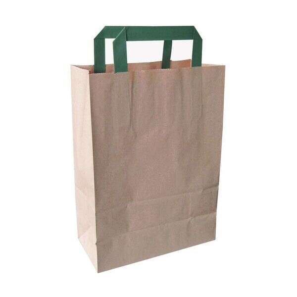 PacknWood 210MCABB20BR, 8-inch Kraft Recycled Paper Carrier Bag with Green Handles, 250/CS