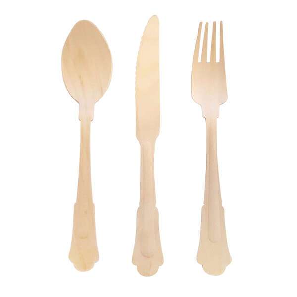 PacknWood 210WRENK24, 8.5-inch Wrapped Elegant Wooden Cutlery Set (Fork, Knife, Spoon), 100/PK